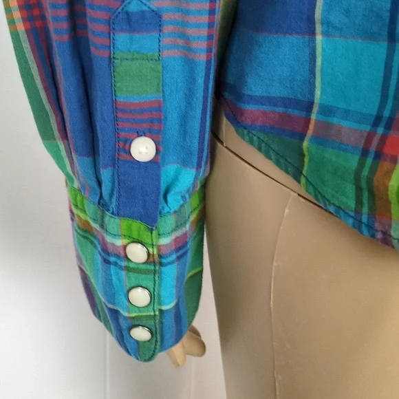Ralph Lauren Colorful Green & Blue Plaid Snap Button-Up Shirt Large - Picture 8 of 11